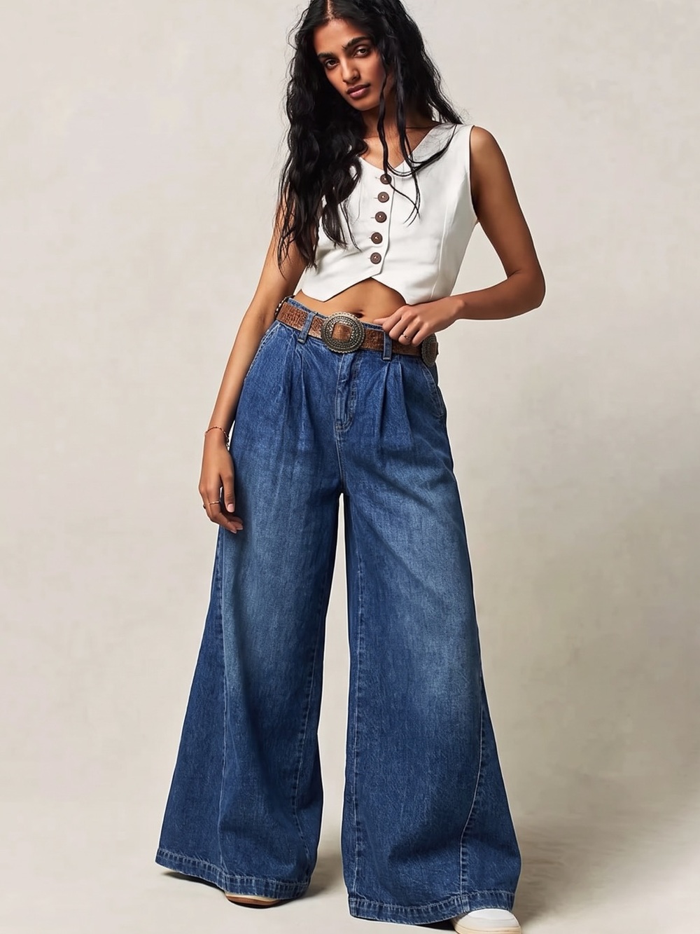 Free People Equinox Denim Trousers Lake Life Blue Size 29 Extreme Wide Leg Jeans